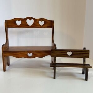 Wooden Doll Bench Shelf Heart Shape Cutout & Mini Park Bench Shelf Granny Core